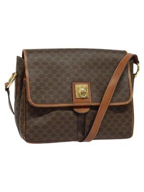 Authentic CELINE Macadam Canvas Shoulder Bag PVC Leather Brown Gold